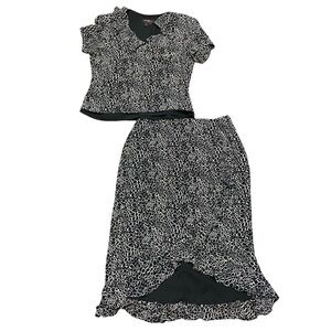 Cynthia Howie Black Tan Printed Two-Piece Skirt Set Size 8 Vintage 100% Silk